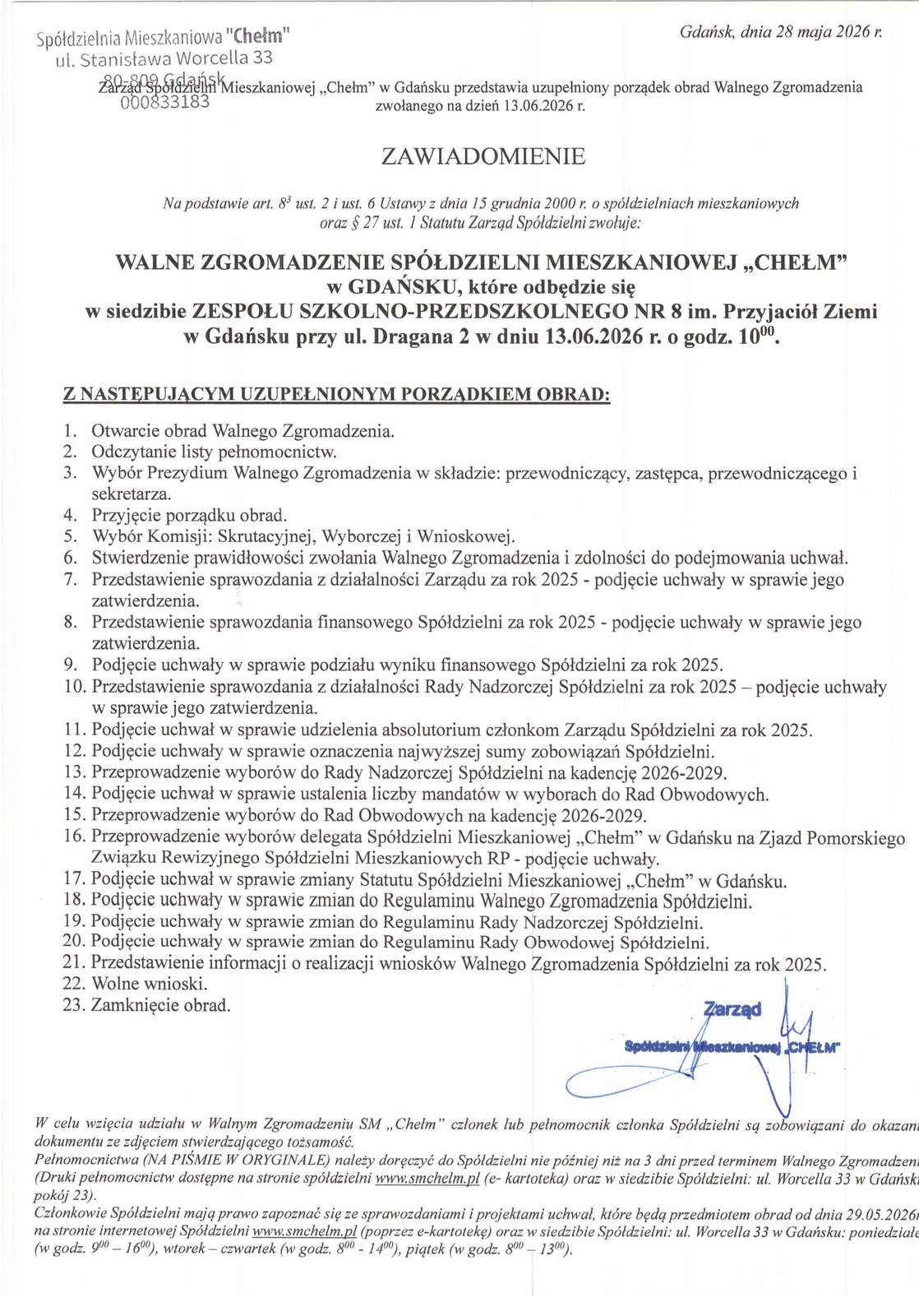 Uzupełniony porządek obrad Walnego Zgromadzenia SM „Chełm” 13.06.2026